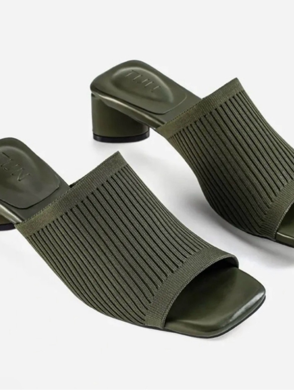 Olive Ribbed Knit Slide Sandal with Low Block Heel